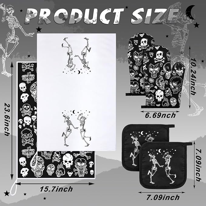 Leinuosen 6 Pcs Skull Kitchen Decor Set Kitchen Towels Gothic Oven Mitts and - Image 3