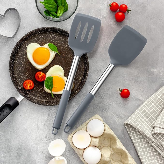 Silicone Spatula Set of 2, E-far Solid & Slotted Turner - Image 5