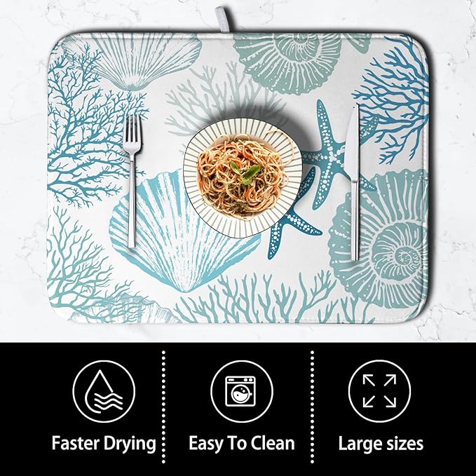 Summer Blue Dish Drying Mat for Kitchen Counter Nautical Coastal Teal Dishes - Image 4