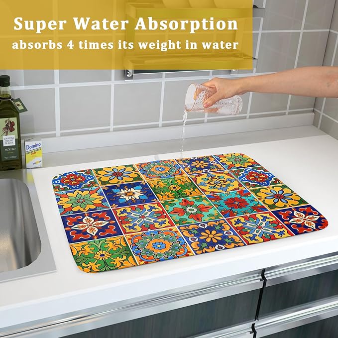 Mexican Tiles Dish Drying Mat for Kitchen Counter Absorbent Microfiber Dish - Image 7