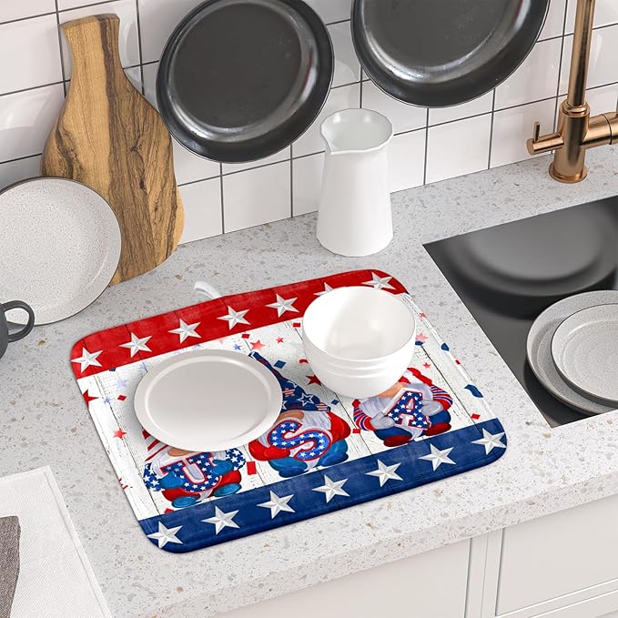 Giwawa 4th of July Gnomes Dish Drying Mat 16x18 inch Patriotic Elf Usa Stars - Image 6