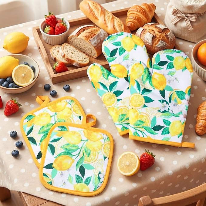 4 Pcs Oven Mitts and Pot Holders Cute Lemon Oven Gloves and Pot Holders Heat - Image 3