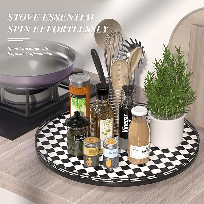 24" Black and White Kitchen Lazy Susan Turntable, Round Checkered Decorative - Image 5
