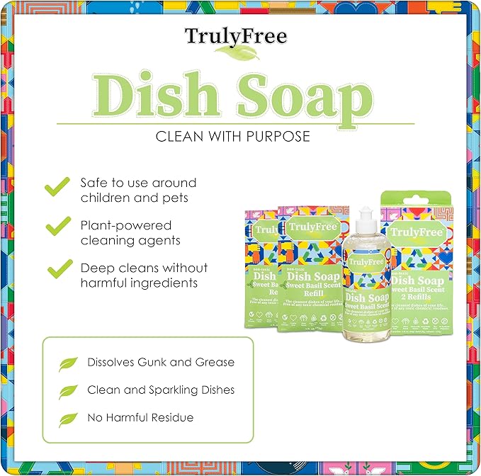 Truly Free Non Toxic Dish Soap Kit | Natural Concentrated Dishwashing Liquid - Sweet Basil Scent | Organic Plant-Based | Family Safe - Eco-Friendly Formula | 16 fl oz