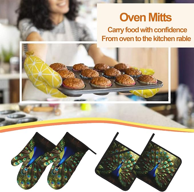 Peacock Pattern Oven Gloves and Hot Pads Set - Image 7