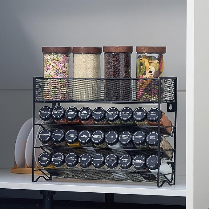 Spice Rack Organizer with 27 Spice Jars with Black Lids, Spice Labels, - Image 6