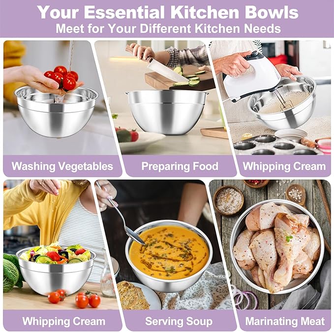 TeamFar Mixing Bowl Set, 4.5/3/1.5/1/0.7 QT Stainless Steel Nesting Salad Bowls - Image 5