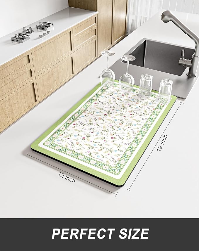 Rnivvi Dish Drying Mat for Kitchen Counter, 12 x 19" Cute Flower Theme Super - Image 2