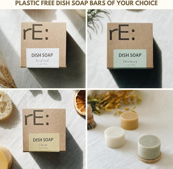 rE: REKURATOR Dishwashing Soap with Loofah Sponge – Eco-Friendly, Gentle, Plant-Based Dish Bar, No Artificial Dyes or Fragrance (Citrus Scented), 5.1 oz