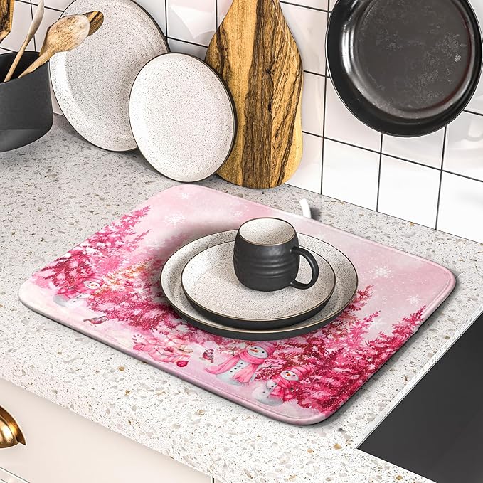 Pink Winter Dish Drying Mat Forest Washable Drying Matt Kitchen Counter - Image 5