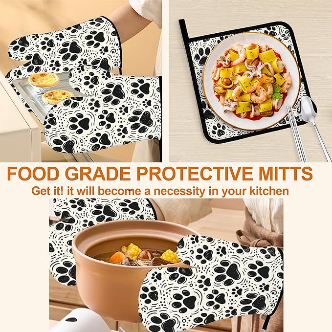 Black White Paw Oven Mitts & Potholder Set of 4 - Image 5
