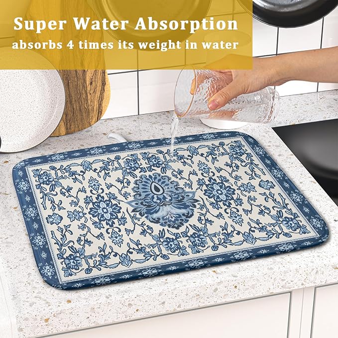 Blue Floral Dish Drying Mat for Kitchen Counter 16x18 Chinoiserie Flower Print - Image 7