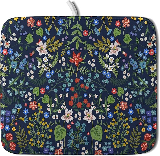 Flower Floral Dish Drying Mat Microfiber Navy Blue Absorbent Drying Pad by Giwawa