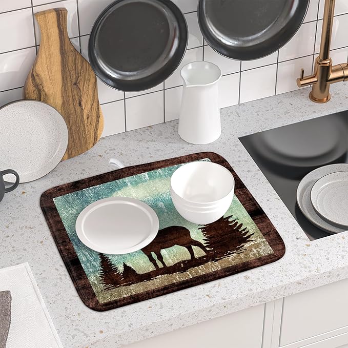 Giwawa Retro Deer Forest Cabin Silhouette Dish Drying Mat Countertop 16x18 Fall - Image 6