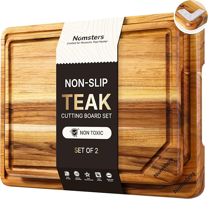 2 Pack Teak Wood Cutting Board Set Non Slip Over Sink Charcuterie Board Serving by Unknown