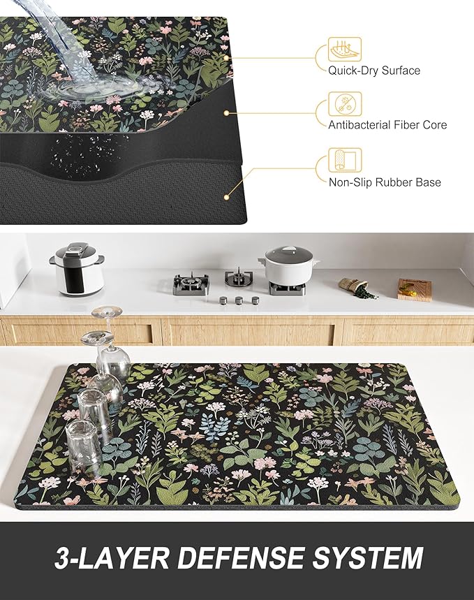 Rnivvi Dish Drying Mat for Kitchen Counter, 12 x 19" Cute Flower Theme Super - Image 4