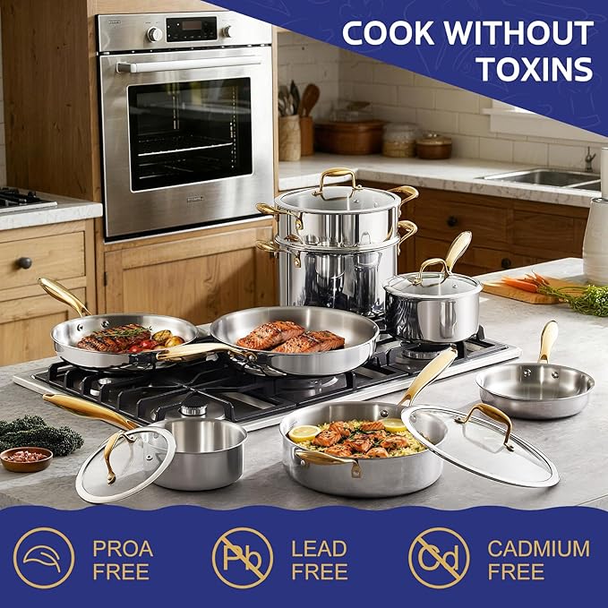 Triple Ply Stainless Steel Pots and Pans Set, EWFEN 12 Piece Induction Cookware - Image 4
