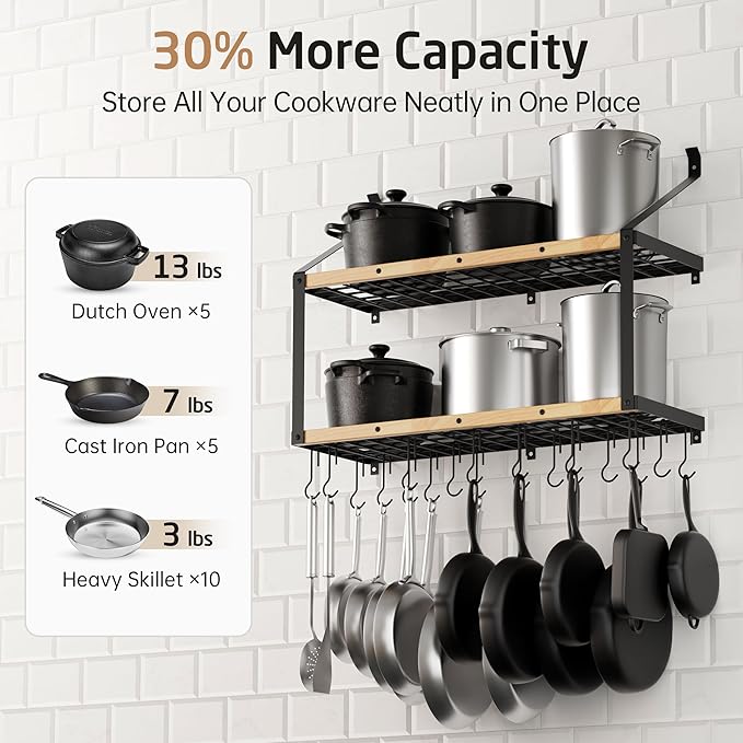 KES 132lb Heavy Duty Hanging Pot Rack Wall Mounted, 34 Inch Solid Wood Pot Rack - Image 2