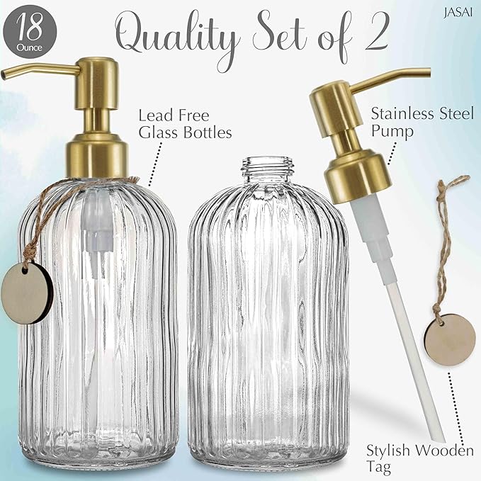 JASAI 2PACK 18Oz Fluted Glass Soap Dispenser - Image 2
