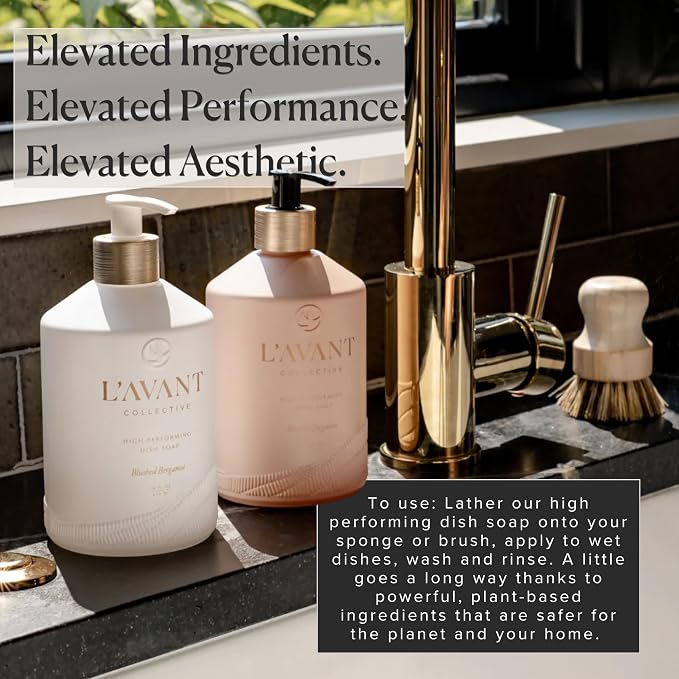 L'AVANT Collective The Sink-Side Care Duo, Natural Luxury Dish Soap 16 Fl Oz with Moisturizing Hand Lotion 10 Fl Oz, Plant-Based Formulas in Refillable Glass Pump Bottles, Blushed Bergamot