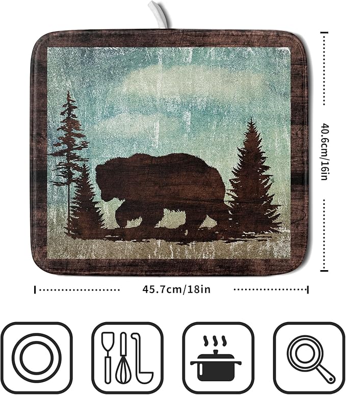 Giwawa Retro Brown Bear Forest Cabin Dish Drying Mat Countertop 16x18 Fall Blue - Image 2