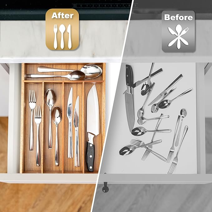 Besilord Silverware Organizer Kitchen Drawer Organizer Utensil Organizer Acacia - Image 5