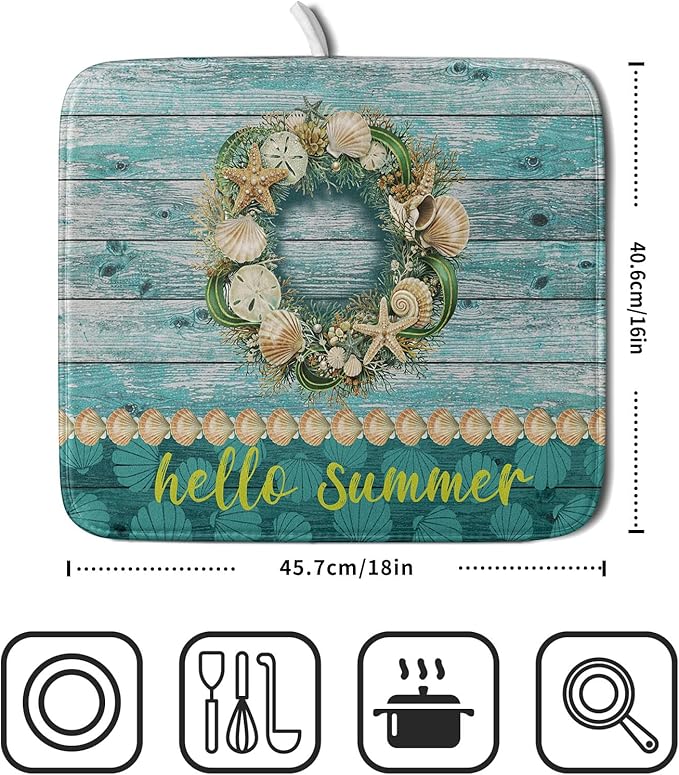 Hello Summer Dish Drying Mat for Kitchen Counter, Sea Shell Starfish Coastal - Image 2