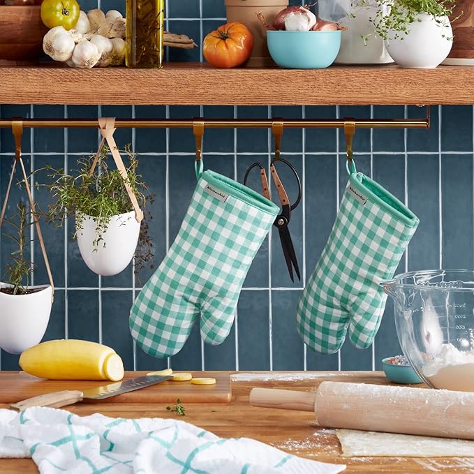 KitchenAid Gingham Oven Mitt 2-Pack Set, Aqua Sky - Image 2