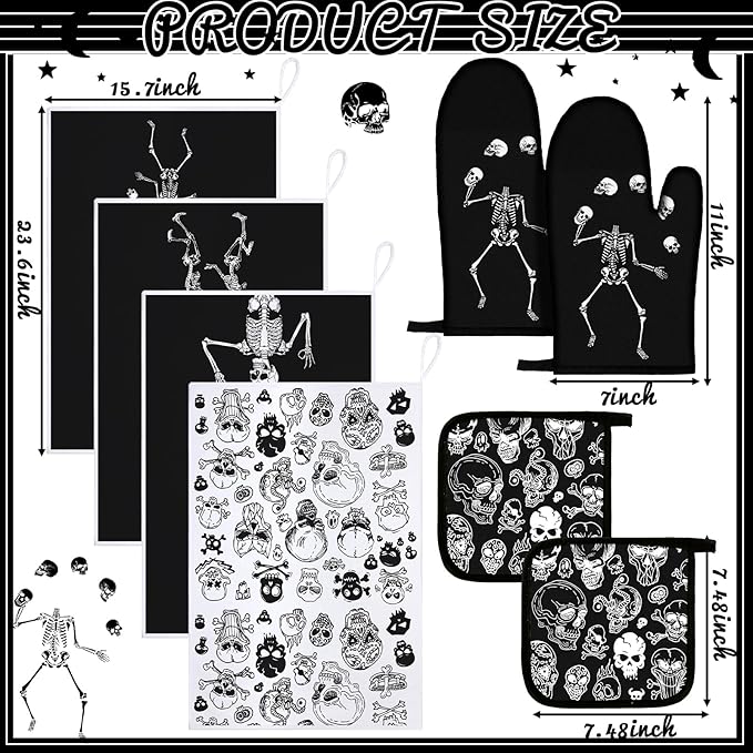 Leinuosen 8 Pcs Skull Kitchen Decor Set Kitchen Towels Gothic Oven Mitts and - Image 3