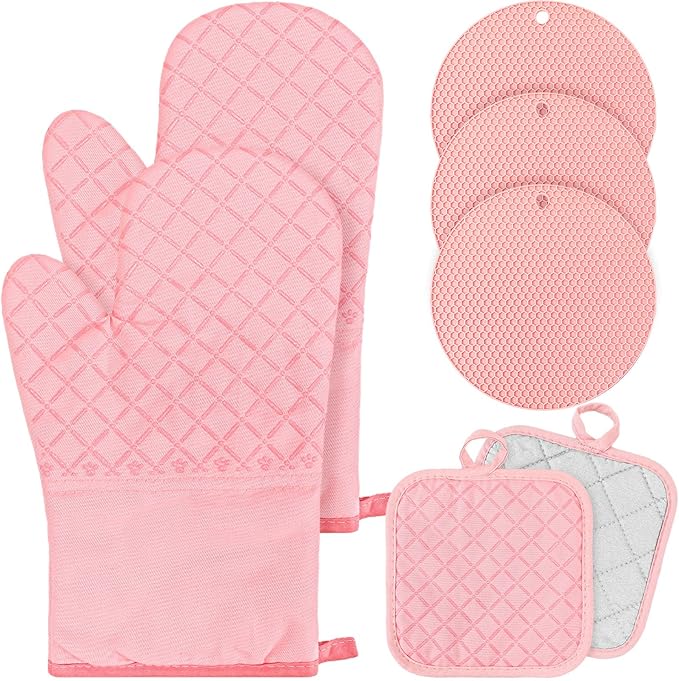Sumind Pink Oven Mitts and Pot Holders 7 Sets, Heat Resistant Kitchen Gloves by Sumind