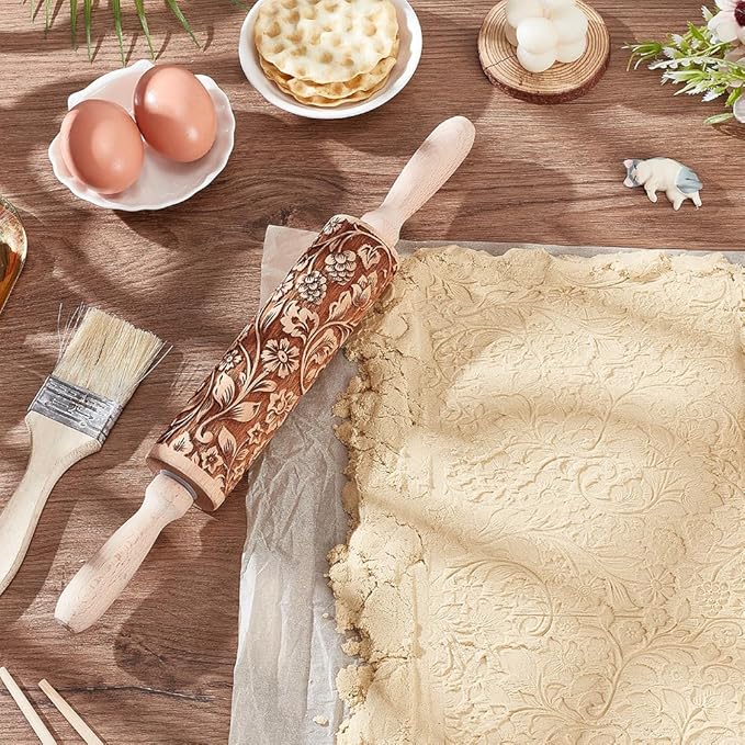 Embossed Wooden Rolling Pin Darker 3D Flower Rattan 35cm Rolling Pin - Image 4