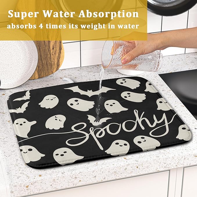 Halloween Dish Drying Mat for Kitchen Counter 16x18 Cute Ghost Black Spooky - Image 7