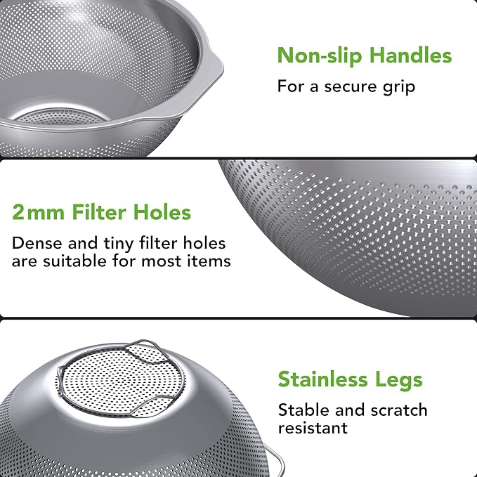 304 Stainless Steel Colander and Strainer, 5QT Large Capacity and 6QT Mixing - Image 2