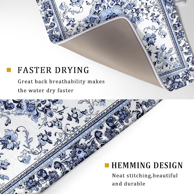 Boho Floral Dish Drying Mat 18x24 Inch Blue Leaves Kitchen Drying Pad - Image 3