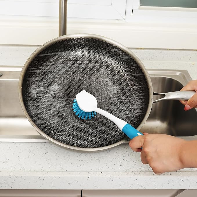 Dish Brush with Handle, 2 Pack Scrub Brushes with Built-in Scraper - Image 2