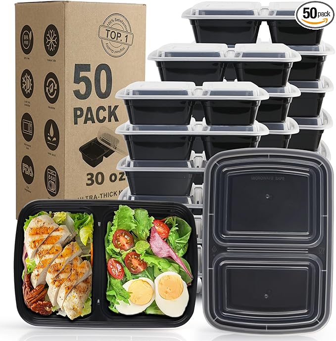 WGCC Meal Prep Containers 2 Compartment- 50Pack 30OZ Food Prep Containers by WGCC