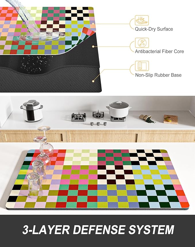 Rnivvi Dish Drying Mat for Kitchen Counter, 12 x 19" Cute Checkered Absorbent - Image 4