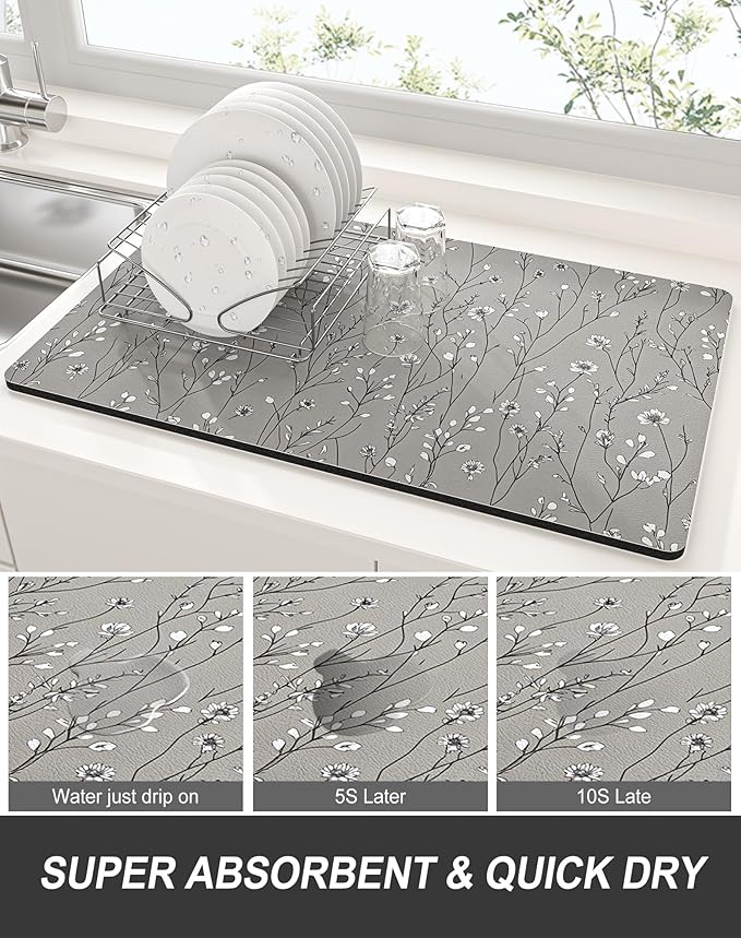 Rnivvi Dish Drying Mat for Kitchen Counter, 12 x 19" Cute Flower Theme Super - Image 3