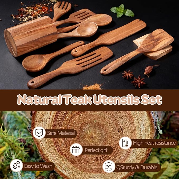 MYRAINBOW Wooden Spoons for Cooking, 10-Piece Teak Wooden Cooking Utensil Set - Image 2