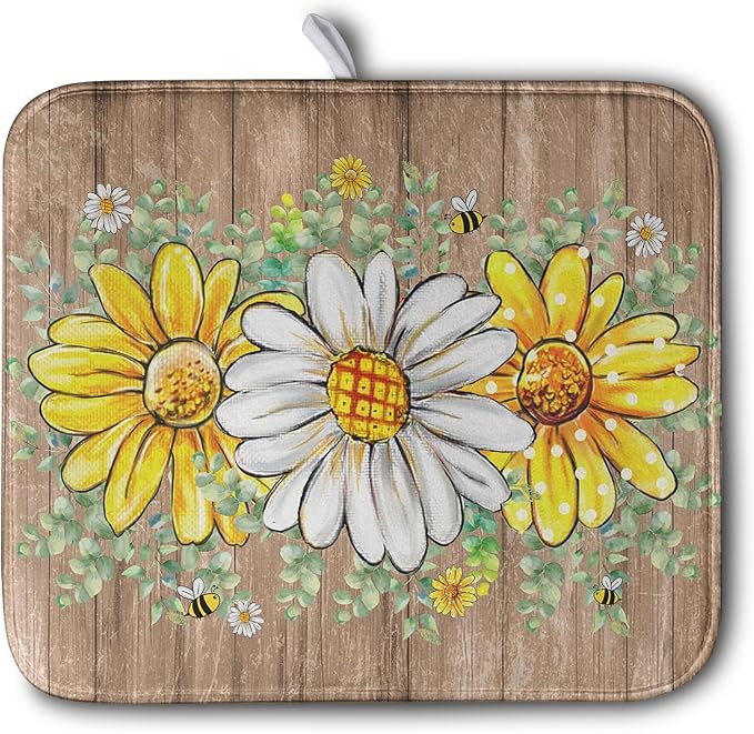 Rustic Daisy Floral Dish Drying Mat by Kwlegh