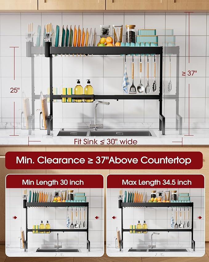 Sakugi Over The Sink Dish Drying Rack, Expandable 2-Tier Stainless Steel - Image 3