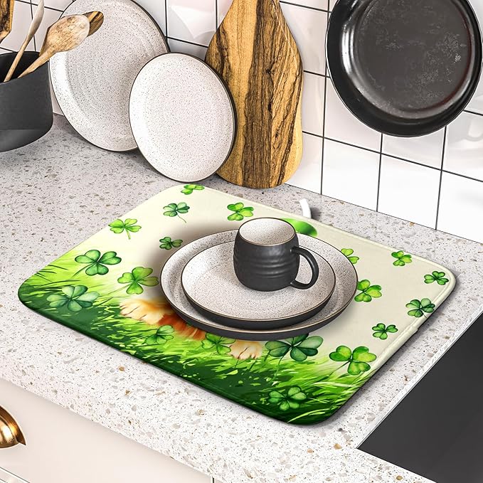 St Patrick's Day Dog Dish Drying Mat 16x18 inch Green Shamrock Dishes Pad - Image 5