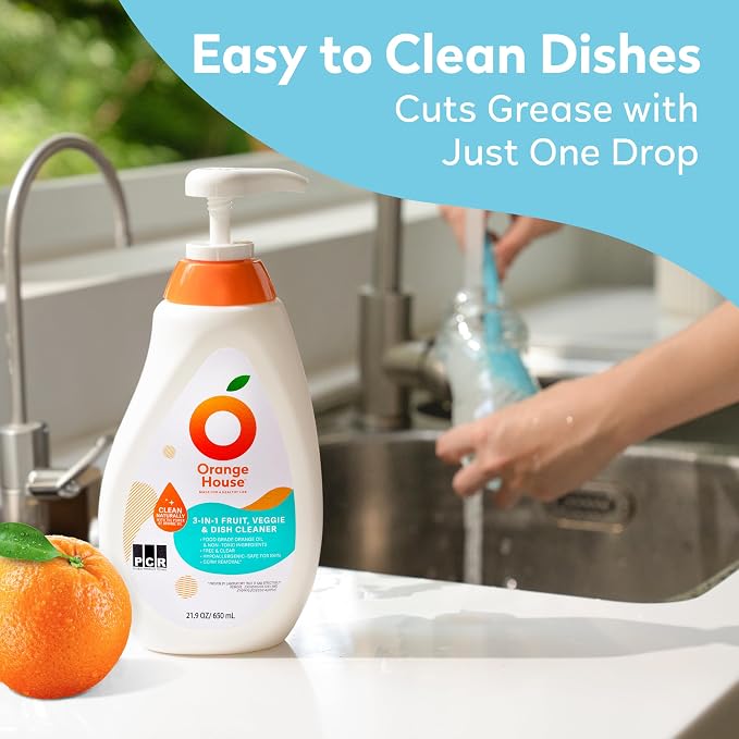 ORANGE HOUSE 3 in 1 Plant Based Dish Soap, Non Harmful Ingredients Veggie Wash, Orange Oil Fruit and Vegetable Wash, Convenient Fruit Wash, 21.9 Fl Oz Fruit Cleaner, Natural Dish Soap (1 Pack) | Cleans Dishes, Fruits & Vegetables, Eco Friendly Plant Ba...