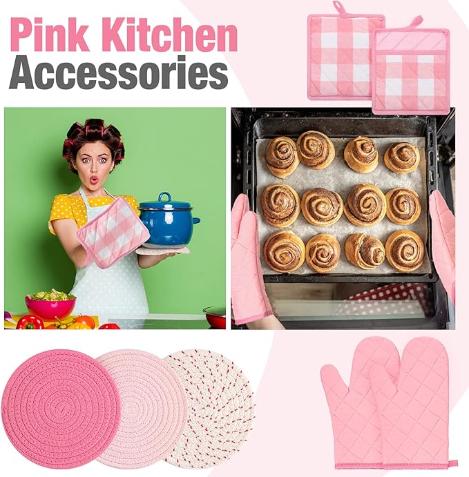 Sumind Pink Oven Mitts and Pot Holders 7 Sets, Heat Resistant Kitchen Gloves - Image 4