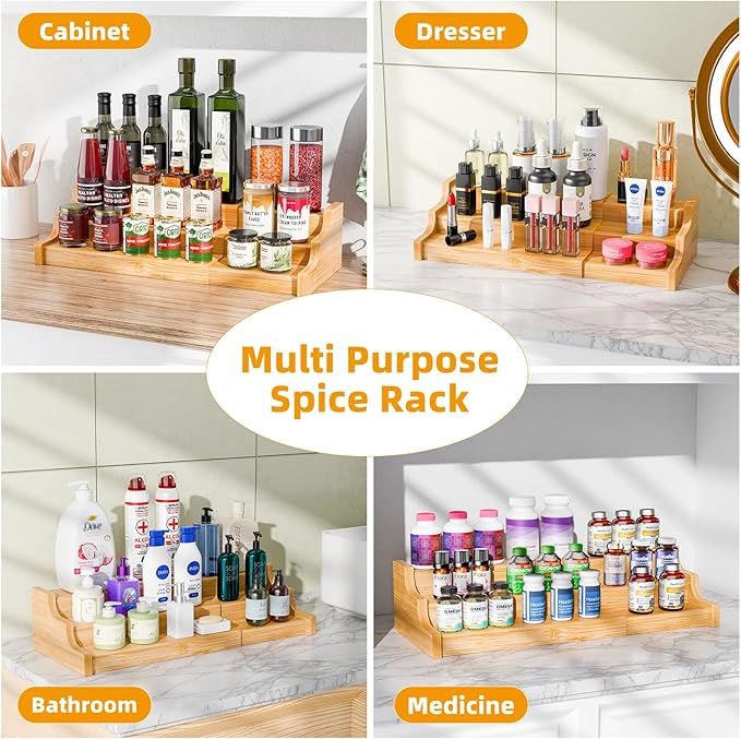 Simple Trending Spice Rack Kitchen Cabinet Organizer, 3 Tier Bamboo Expandable - Image 7