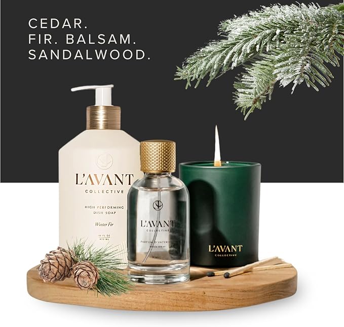 L'AVANT Natural Dish Soap, Plant-Based, Refillable Pump, Winter Fir, 16 oz | Plant-based formula, grease-cutting power, refillable glass pump bottle, gentle on hands, kid and pet safe, Winter Fir scent