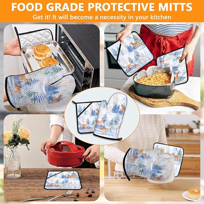 Deer Mitts and Pot Holders Sets 4Pcs, Extra Long Oven Gloves Potholder - Image 7