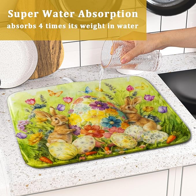 Easter Dish Drying Mat for Kitchen Counter Spring Bunny Microfiber Countertop - Image 7