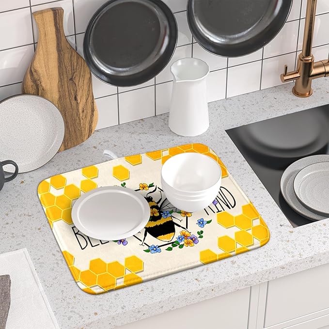 Giwawa Bee Kind Dish Drying Mat, Summer Bees Flowers Dish Drainer Mats - Image 6
