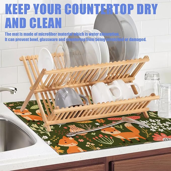 Cute Fox Dish Drying Mat for Kitchen Counter Animals Drying Pad Absorbent - Image 5